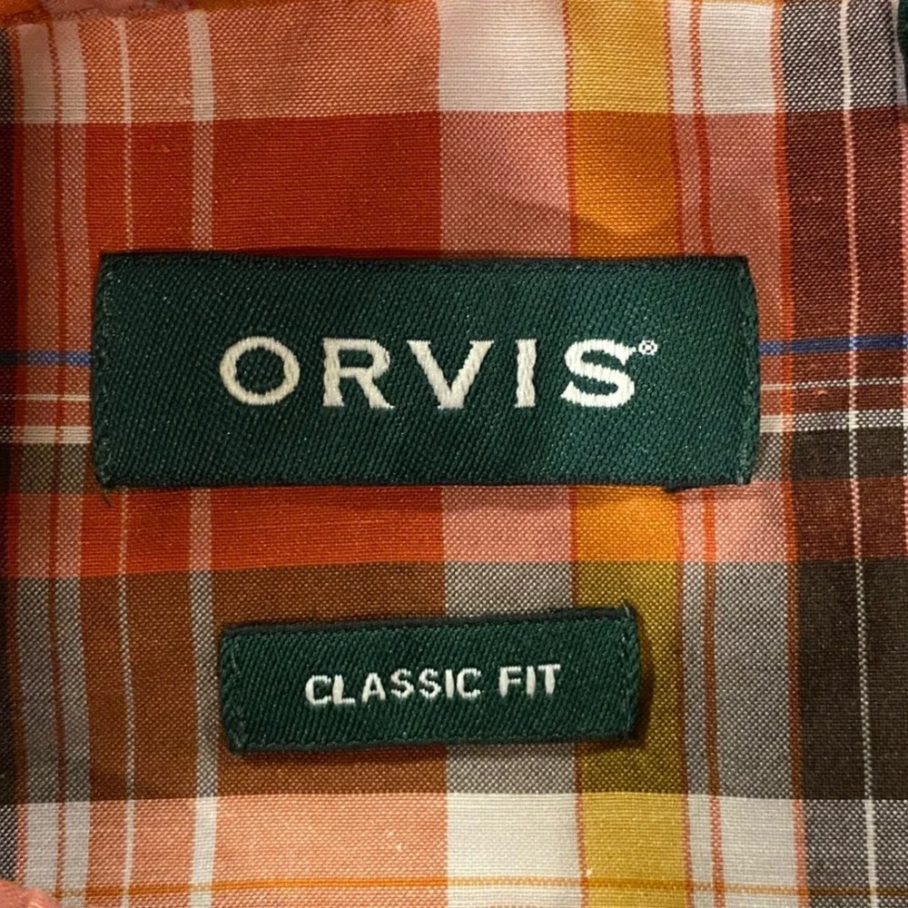 Orvis Button Up Shirt Mens XL Orange Plaid Classic Fit Linen Blend Short Sleeve - Picture 2 of 10